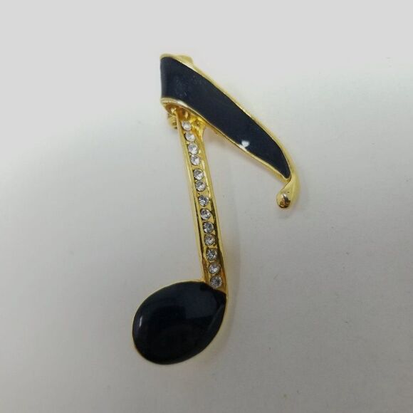 Vintage Eigth Note Shape Brooch, Black Enamel Rhinstone Gold Tone Setting Pin - Picture 6 of 6
